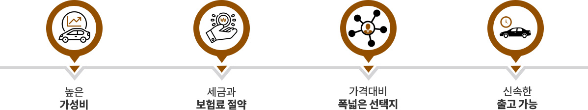 높은 가성비 / 세금과 보험료 절약 / 가격 대비 폭넓은 선택지 / 신속한 출고 가능